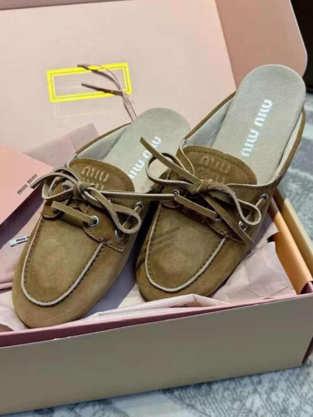 Miu Miu Brown Suede Lace‑Up Mule Slide
